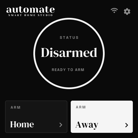 Keypad showing Disarmed, ready to arm, with Arm Home and Arm Away buttons
